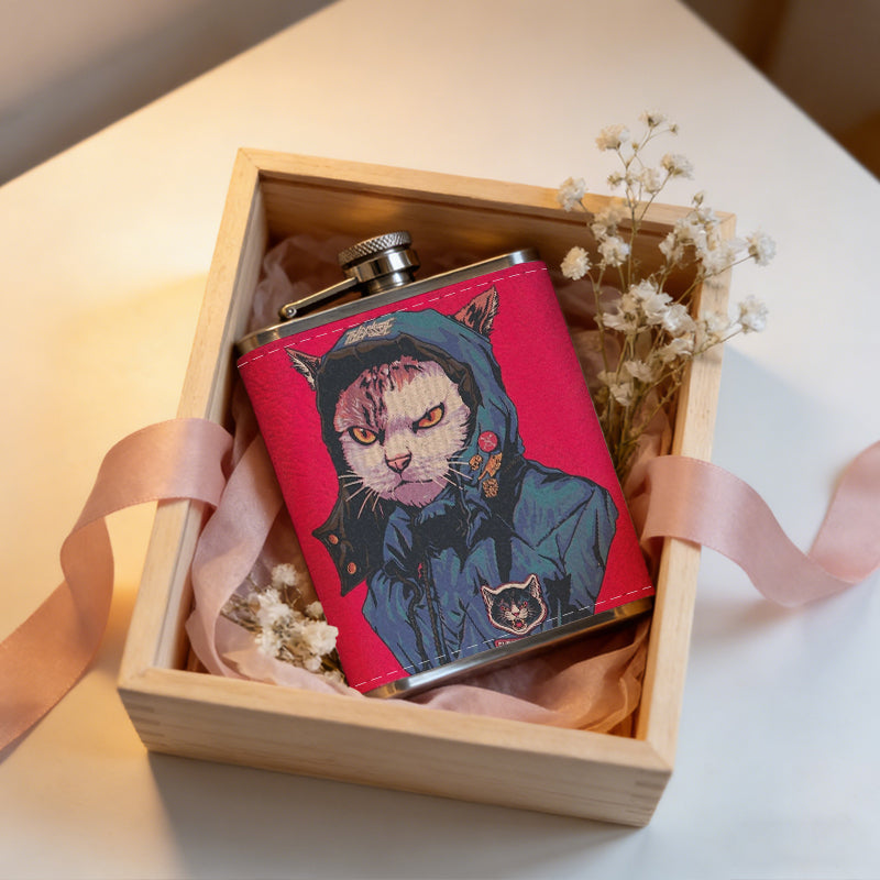 Anthropomorphic cat in blue jacket on red background 1pc Stainless Steel Flask 8oz -Fashionable patterns Design, Ideal for Dad, Grandpa, Uncle, Hunting Enthusiasts, Birthday, Party, Christmas, Halloween Gifts