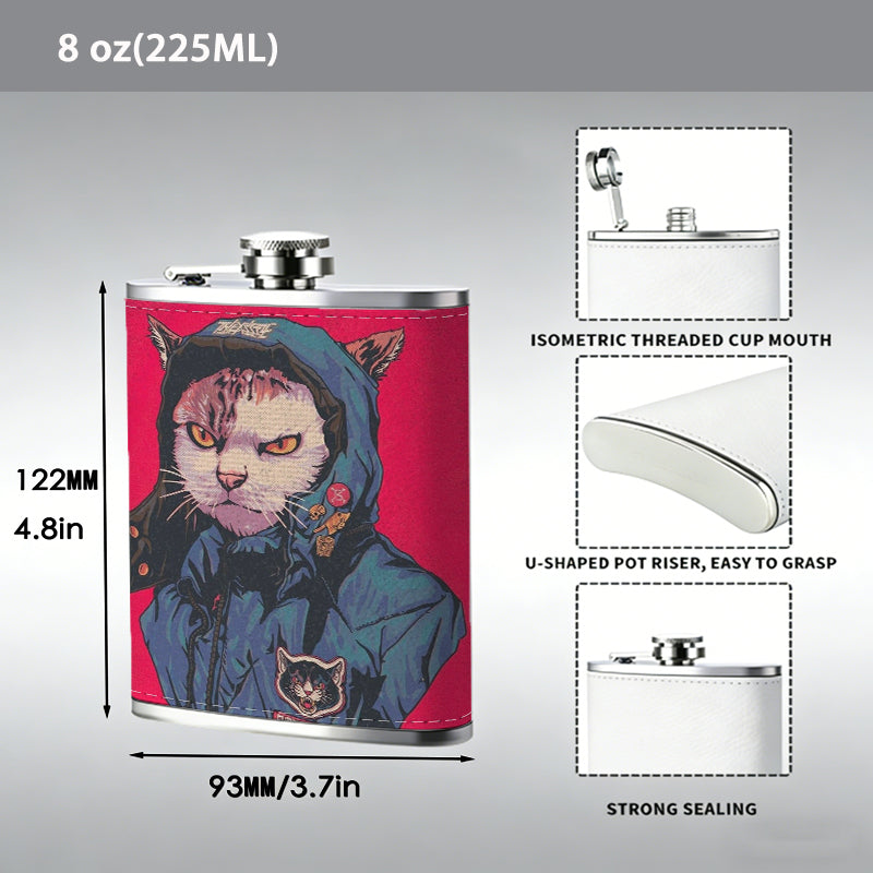 Anthropomorphic cat in blue jacket on red background 1pc Stainless Steel Flask 8oz -Fashionable patterns Design, Ideal for Dad, Grandpa, Uncle, Hunting Enthusiasts, Birthday, Party, Christmas, Halloween Gifts