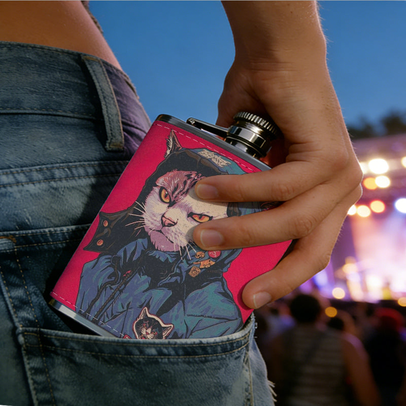 Anthropomorphic cat in blue jacket on red background 1pc Stainless Steel Flask 8oz -Fashionable patterns Design, Ideal for Dad, Grandpa, Uncle, Hunting Enthusiasts, Birthday, Party, Christmas, Halloween Gifts
