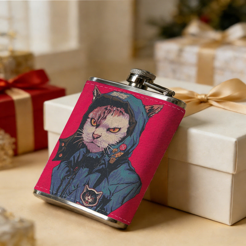 Anthropomorphic cat in blue jacket on red background 1pc Stainless Steel Flask 8oz -Fashionable patterns Design, Ideal for Dad, Grandpa, Uncle, Hunting Enthusiasts, Birthday, Party, Christmas, Halloween Gifts