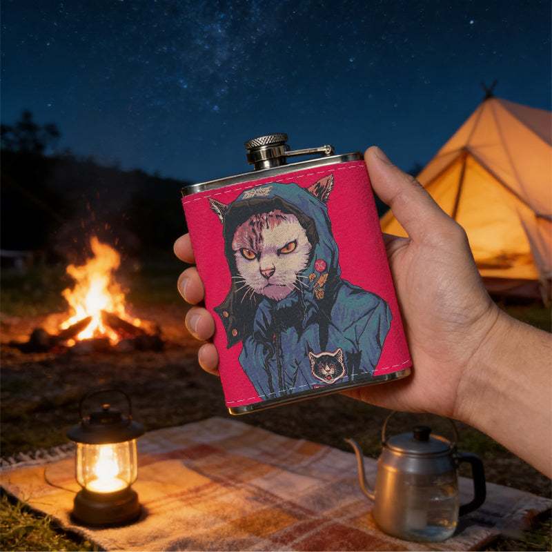 Anthropomorphic cat in blue jacket on red background 1pc Stainless Steel Flask 8oz -Fashionable patterns Design, Ideal for Dad, Grandpa, Uncle, Hunting Enthusiasts, Birthday, Party, Christmas, Halloween Gifts