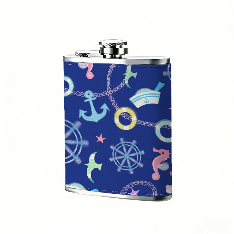 Neon nautical snowflake pattern on blue background 1pc Stainless Steel Flask 8oz -Fashionable patterns Design, Ideal for Dad, Grandpa, Uncle, Hunting Enthusiasts, Birthday, Party, Christmas, Halloween Gifts