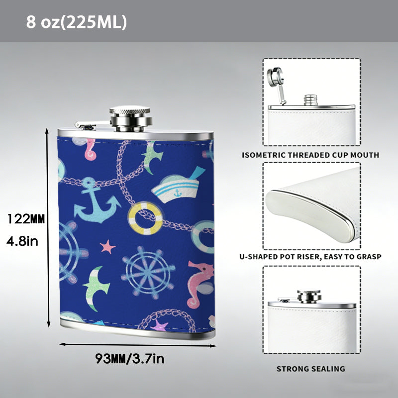 Neon nautical snowflake pattern on blue background 1pc Stainless Steel Flask 8oz -Fashionable patterns Design, Ideal for Dad, Grandpa, Uncle, Hunting Enthusiasts, Birthday, Party, Christmas, Halloween Gifts