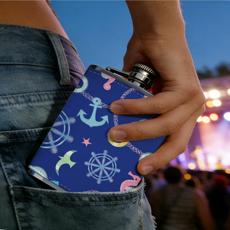 Neon nautical snowflake pattern on blue background 1pc Stainless Steel Flask 8oz -Fashionable patterns Design, Ideal for Dad, Grandpa, Uncle, Hunting Enthusiasts, Birthday, Party, Christmas, Halloween Gifts