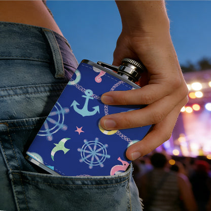 Neon nautical snowflake pattern on blue background 1pc Stainless Steel Flask 8oz -Fashionable patterns Design, Ideal for Dad, Grandpa, Uncle, Hunting Enthusiasts, Birthday, Party, Christmas, Halloween Gifts