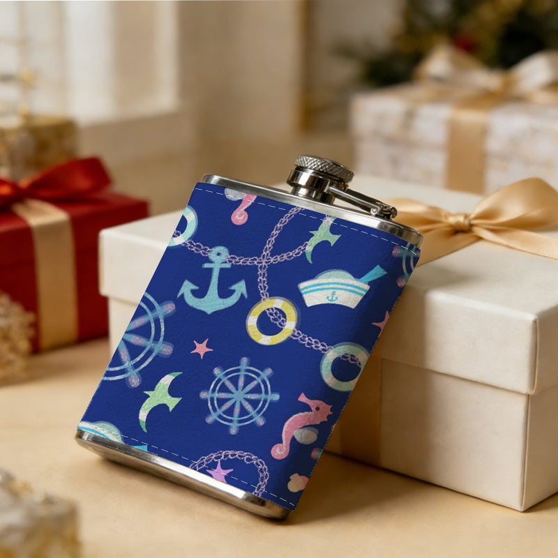 Neon nautical snowflake pattern on blue background 1pc Stainless Steel Flask 8oz -Fashionable patterns Design, Ideal for Dad, Grandpa, Uncle, Hunting Enthusiasts, Birthday, Party, Christmas, Halloween Gifts