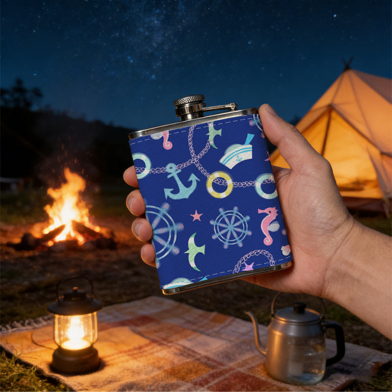 Neon nautical snowflake pattern on blue background 1pc Stainless Steel Flask 8oz -Fashionable patterns Design, Ideal for Dad, Grandpa, Uncle, Hunting Enthusiasts, Birthday, Party, Christmas, Halloween Gifts