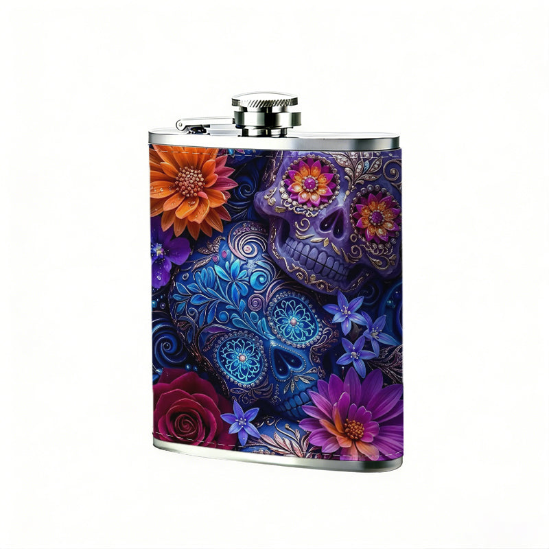 Skulls and colorful flowers 1pc Stainless Steel Flask 8oz -Fashionable patterns Design, Ideal for Dad, Grandpa, Uncle, Hunting Enthusiasts, Birthday, Party, Christmas, Halloween Gifts