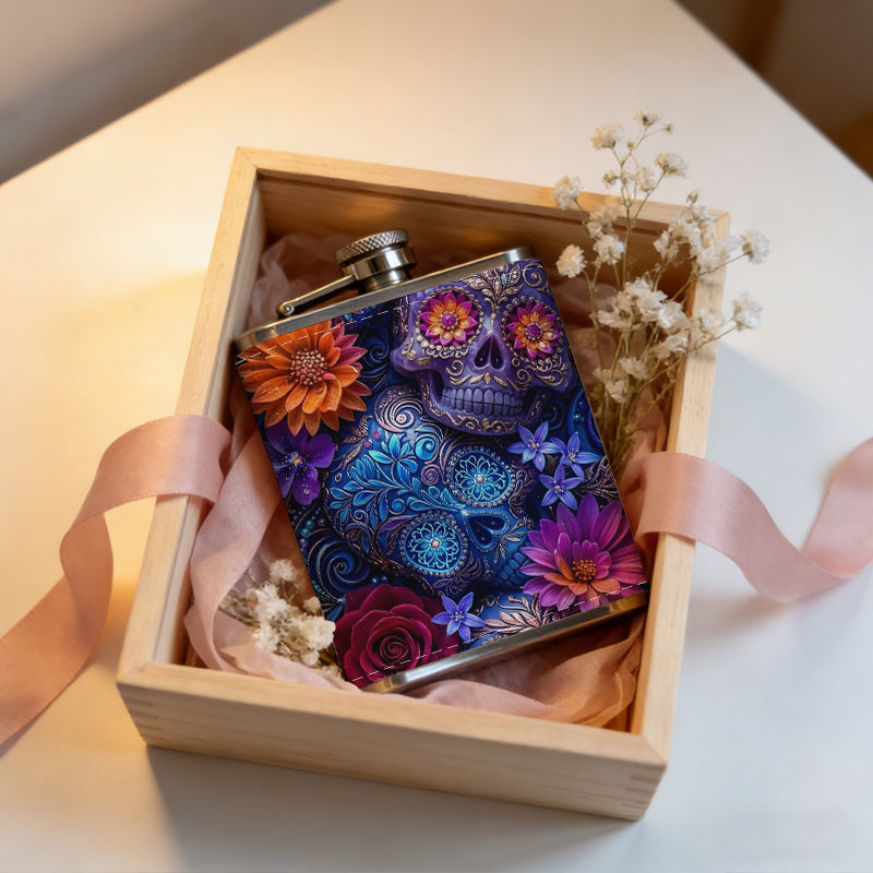 Skulls and colorful flowers 1pc Stainless Steel Flask 8oz -Fashionable patterns Design, Ideal for Dad, Grandpa, Uncle, Hunting Enthusiasts, Birthday, Party, Christmas, Halloween Gifts