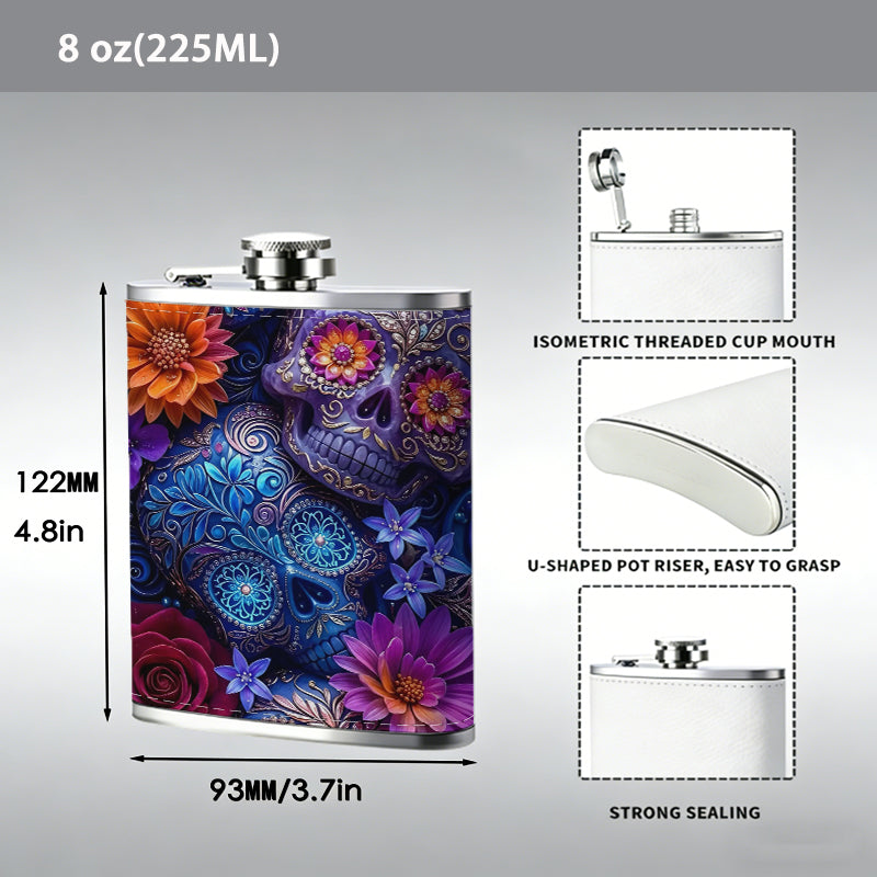 Skulls and colorful flowers 1pc Stainless Steel Flask 8oz -Fashionable patterns Design, Ideal for Dad, Grandpa, Uncle, Hunting Enthusiasts, Birthday, Party, Christmas, Halloween Gifts