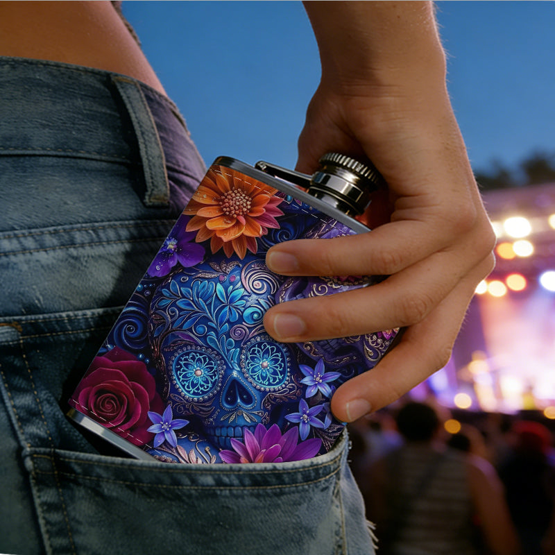 Skulls and colorful flowers 1pc Stainless Steel Flask 8oz -Fashionable patterns Design, Ideal for Dad, Grandpa, Uncle, Hunting Enthusiasts, Birthday, Party, Christmas, Halloween Gifts
