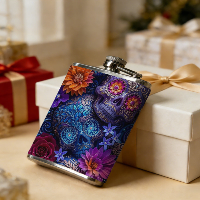 Skulls and colorful flowers 1pc Stainless Steel Flask 8oz -Fashionable patterns Design, Ideal for Dad, Grandpa, Uncle, Hunting Enthusiasts, Birthday, Party, Christmas, Halloween Gifts