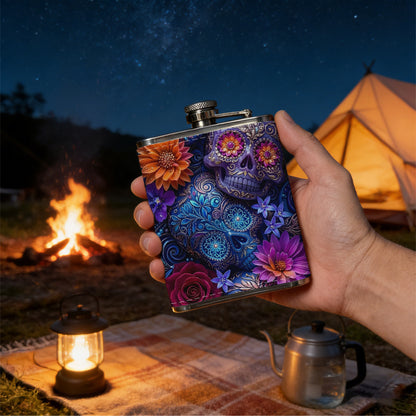 Skulls and colorful flowers 1pc Stainless Steel Flask 8oz -Fashionable patterns Design, Ideal for Dad, Grandpa, Uncle, Hunting Enthusiasts, Birthday, Party, Christmas, Halloween Gifts