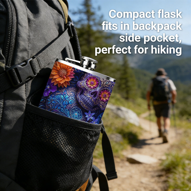 Skulls and colorful flowers 1pc Stainless Steel Flask 8oz -Fashionable patterns Design, Ideal for Dad, Grandpa, Uncle, Hunting Enthusiasts, Birthday, Party, Christmas, Halloween Gifts