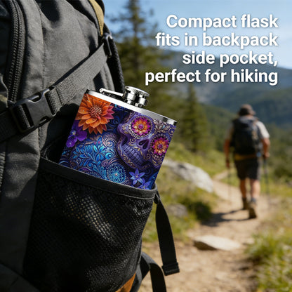 Skulls and colorful flowers 1pc Stainless Steel Flask 8oz -Fashionable patterns Design, Ideal for Dad, Grandpa, Uncle, Hunting Enthusiasts, Birthday, Party, Christmas, Halloween Gifts