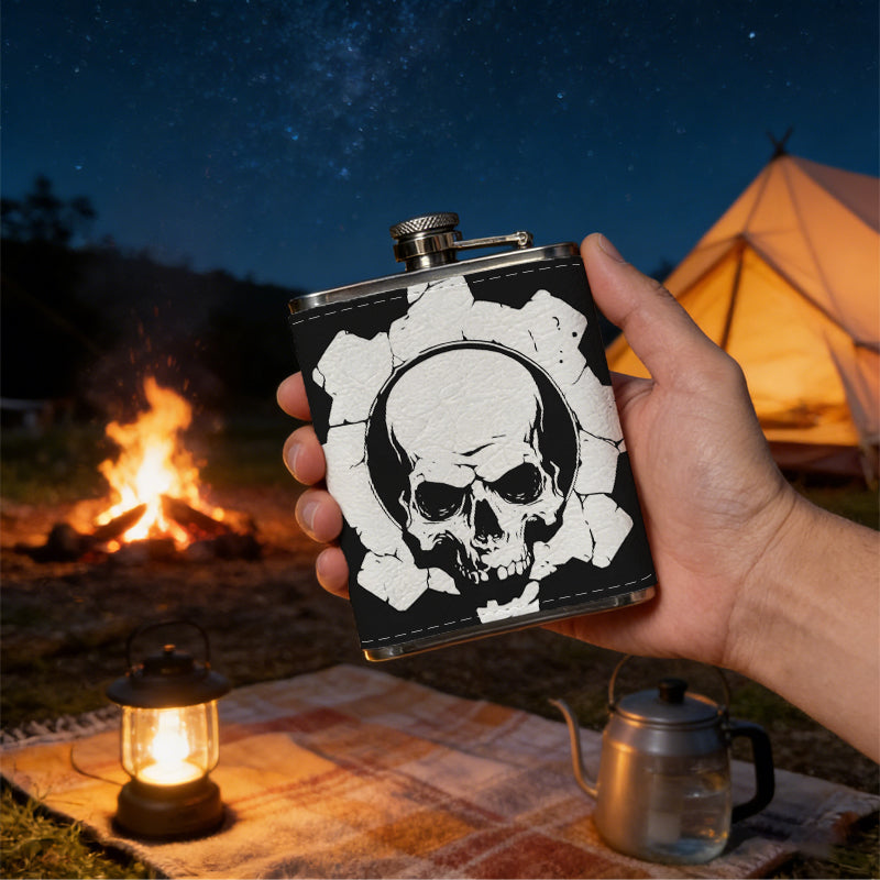 Skull and gear logo 8oz Stainless Steel Flask - Perfect Pocket Whiskey Holder for Men, Ideal Christian Gift for Friends, Colleagues & Brothers