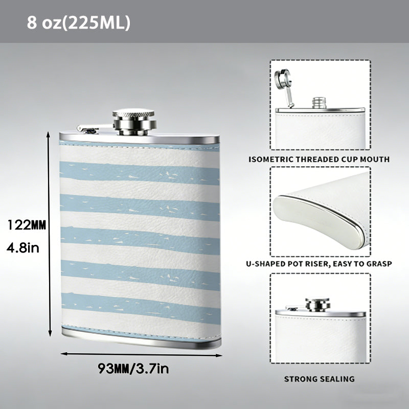 Blue and white horizontal stripes 8oz Stainless Steel Flask - Perfect Pocket Whiskey Holder for Men, Ideal Christian Gift for Friends, Colleagues & Brothers