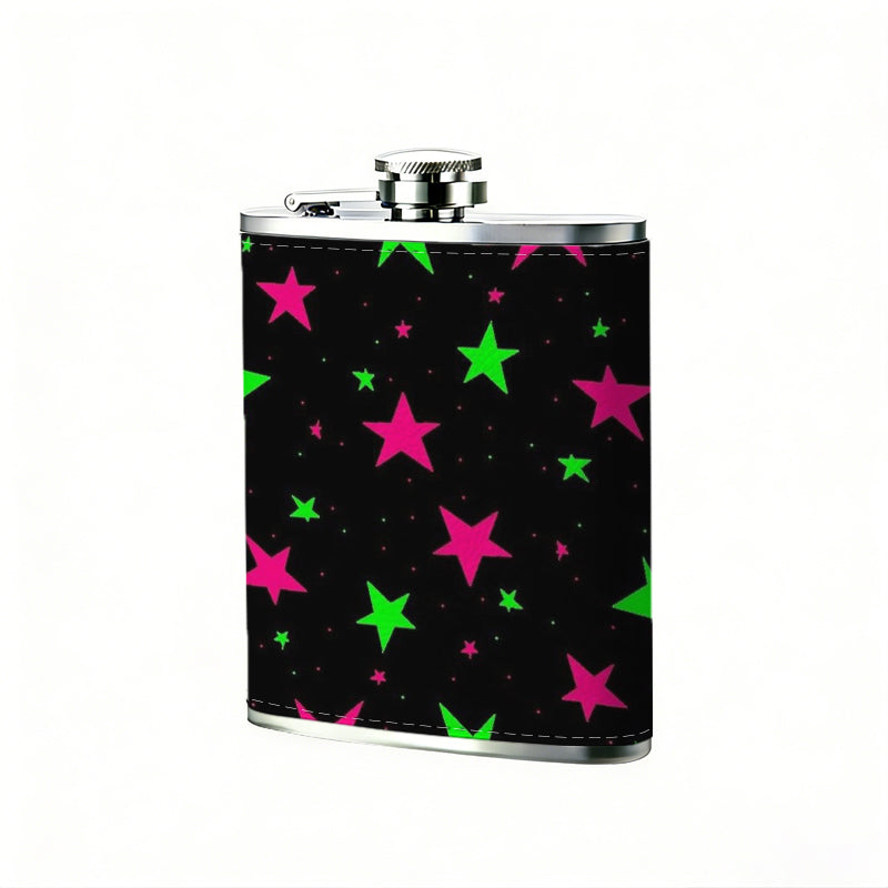 Pink and green glowing star pattern on black background 8oz Stainless Steel Flask - Perfect Pocket Whiskey Holder for Men, Ideal Christian Gift for Friends, Colleagues & Brothers