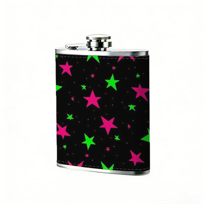 Pink and green glowing star pattern on black background 8oz Stainless Steel Flask - Perfect Pocket Whiskey Holder for Men, Ideal Christian Gift for Friends, Colleagues & Brothers