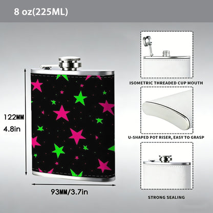 Pink and green glowing star pattern on black background 8oz Stainless Steel Flask - Perfect Pocket Whiskey Holder for Men, Ideal Christian Gift for Friends, Colleagues & Brothers