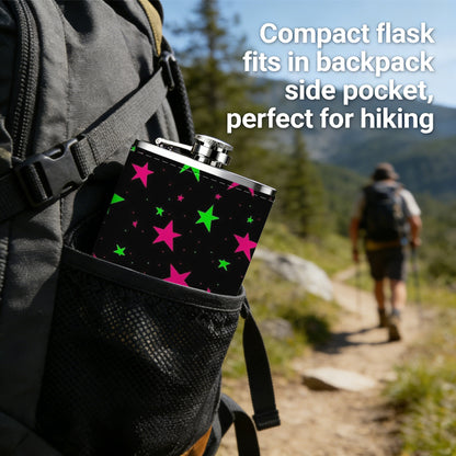 Pink and green glowing star pattern on black background 8oz Stainless Steel Flask - Perfect Pocket Whiskey Holder for Men, Ideal Christian Gift for Friends, Colleagues & Brothers