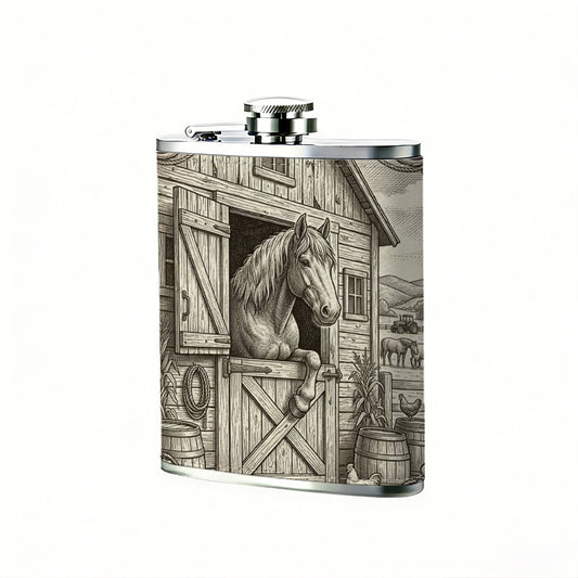 Vintage barn door peeking horse 8oz Stainless Steel Flask - Perfect Pocket Whiskey Holder for Men, Ideal Christian Gift for Friends, Colleagues & Brothers