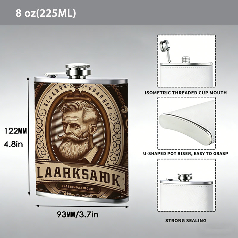 Retro bearded man portrait logo badge 8oz Stainless Steel Flask - Perfect Pocket Whiskey Holder for Men, Ideal Christian Gift for Friends, Colleagues & Brothers