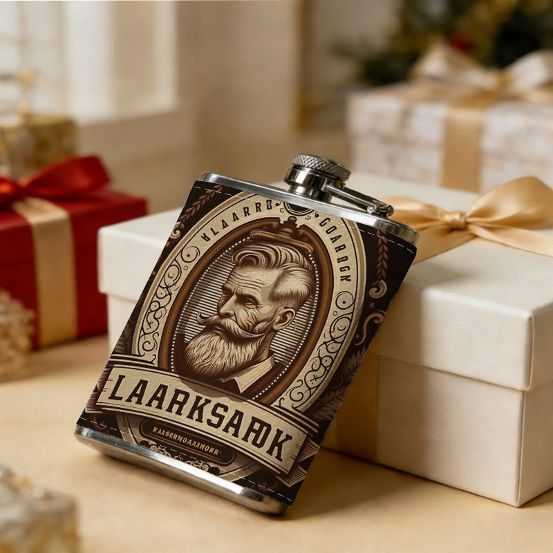 Retro bearded man portrait logo badge 8oz Stainless Steel Flask - Perfect Pocket Whiskey Holder for Men, Ideal Christian Gift for Friends, Colleagues & Brothers