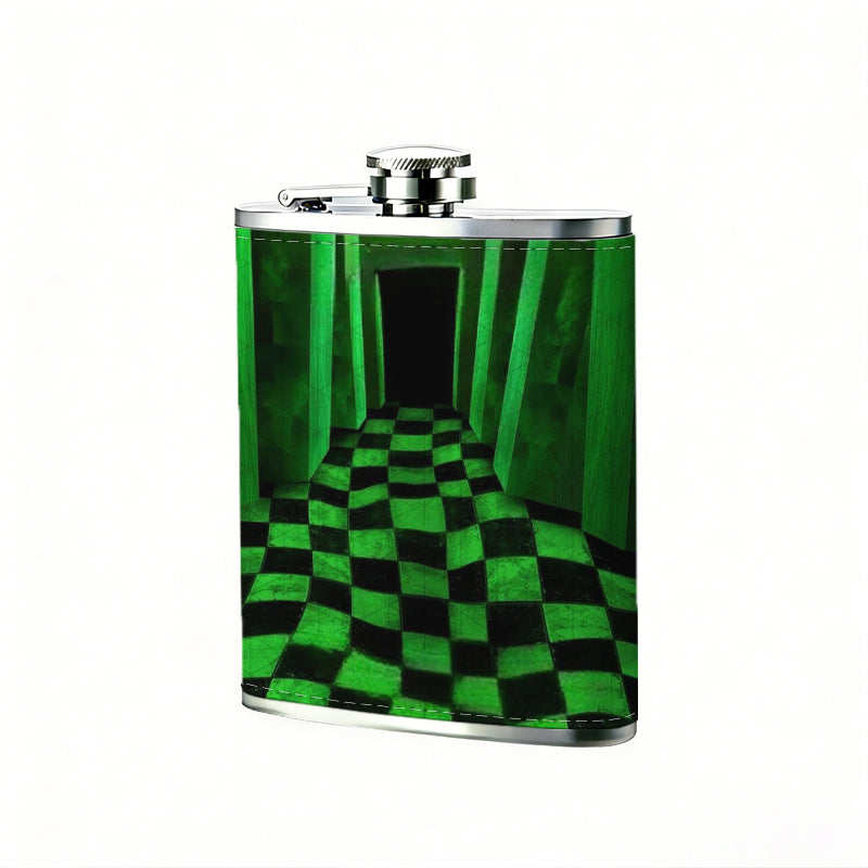 Endless green checkered glowing hallway 8oz Stainless Steel Flask - Perfect Pocket Whiskey Holder for Men, Ideal Christian Gift for Friends, Colleagues & Brothers
