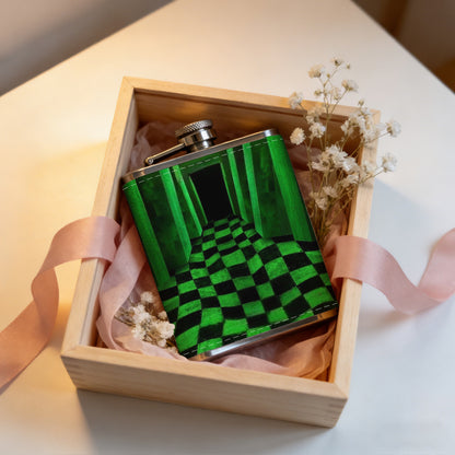 Endless green checkered glowing hallway 8oz Stainless Steel Flask - Perfect Pocket Whiskey Holder for Men, Ideal Christian Gift for Friends, Colleagues & Brothers