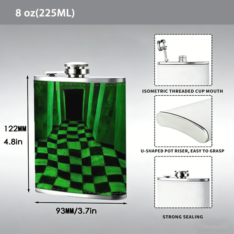 Endless green checkered glowing hallway 8oz Stainless Steel Flask - Perfect Pocket Whiskey Holder for Men, Ideal Christian Gift for Friends, Colleagues & Brothers