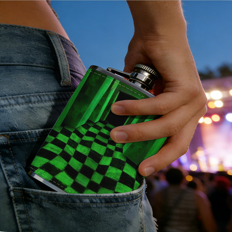 Endless green checkered glowing hallway 8oz Stainless Steel Flask - Perfect Pocket Whiskey Holder for Men, Ideal Christian Gift for Friends, Colleagues & Brothers