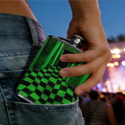 Endless green checkered glowing hallway 8oz Stainless Steel Flask - Perfect Pocket Whiskey Holder for Men, Ideal Christian Gift for Friends, Colleagues & Brothers