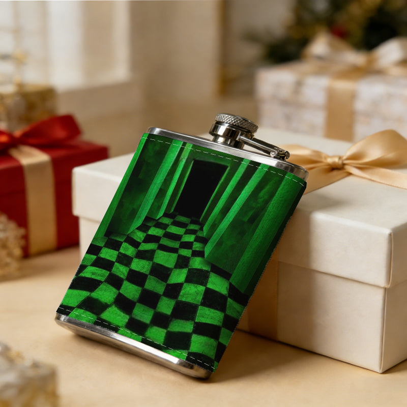 Endless green checkered glowing hallway 8oz Stainless Steel Flask - Perfect Pocket Whiskey Holder for Men, Ideal Christian Gift for Friends, Colleagues & Brothers