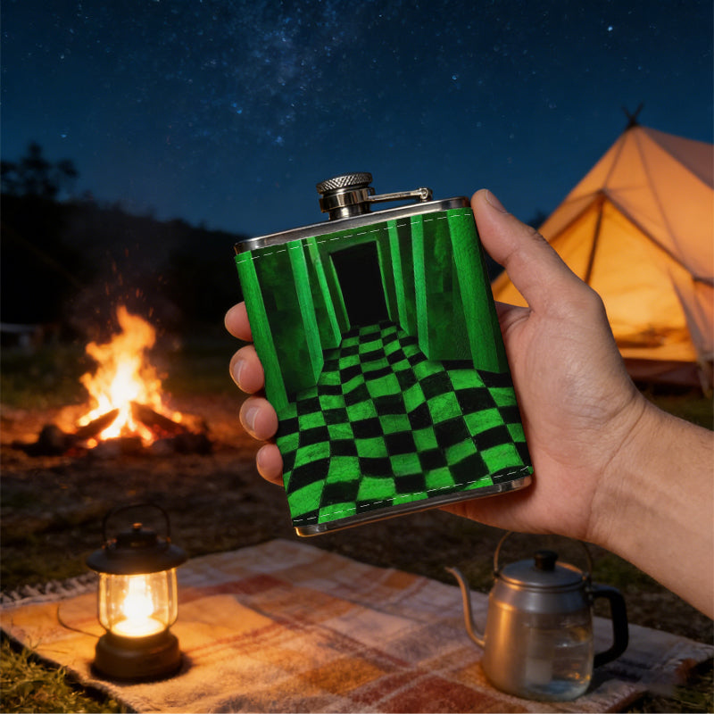 Endless green checkered glowing hallway 8oz Stainless Steel Flask - Perfect Pocket Whiskey Holder for Men, Ideal Christian Gift for Friends, Colleagues & Brothers