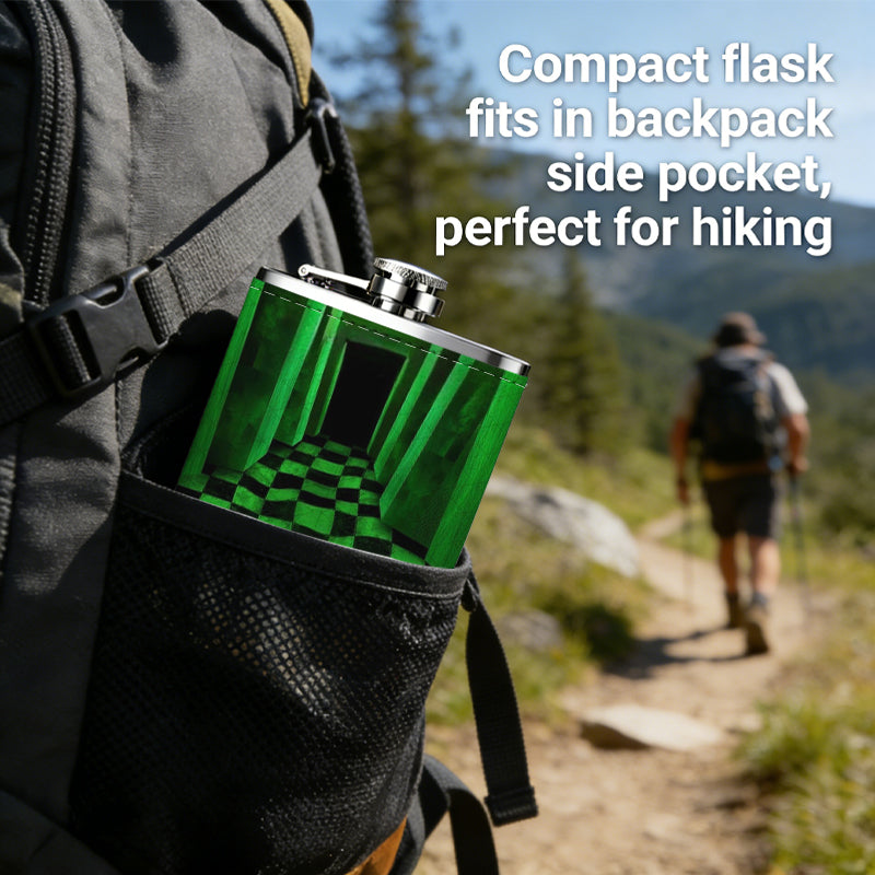 Endless green checkered glowing hallway 8oz Stainless Steel Flask - Perfect Pocket Whiskey Holder for Men, Ideal Christian Gift for Friends, Colleagues & Brothers