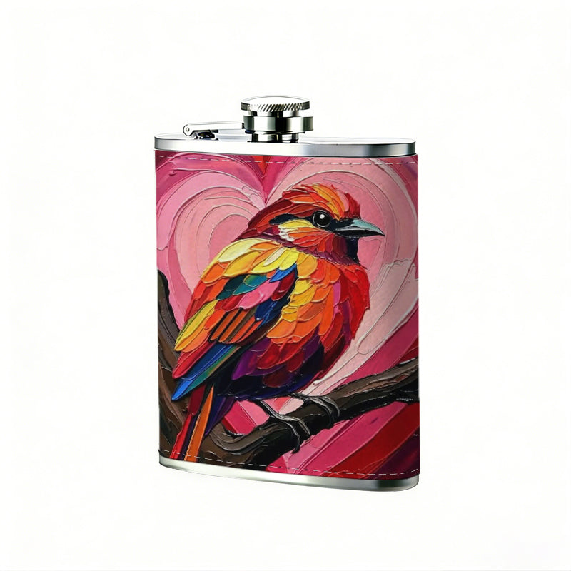 Painting of colorful bird and pink hearts 8oz Stainless Steel Flask - Perfect Pocket Whiskey Holder for Men, Ideal Christian Gift for Friends, Colleagues & Brothers