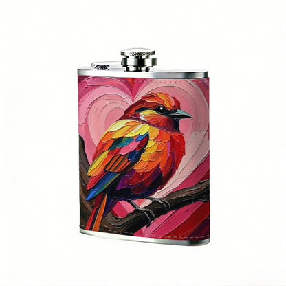 Painting of colorful bird and pink hearts 8oz Stainless Steel Flask - Perfect Pocket Whiskey Holder for Men, Ideal Christian Gift for Friends, Colleagues & Brothers