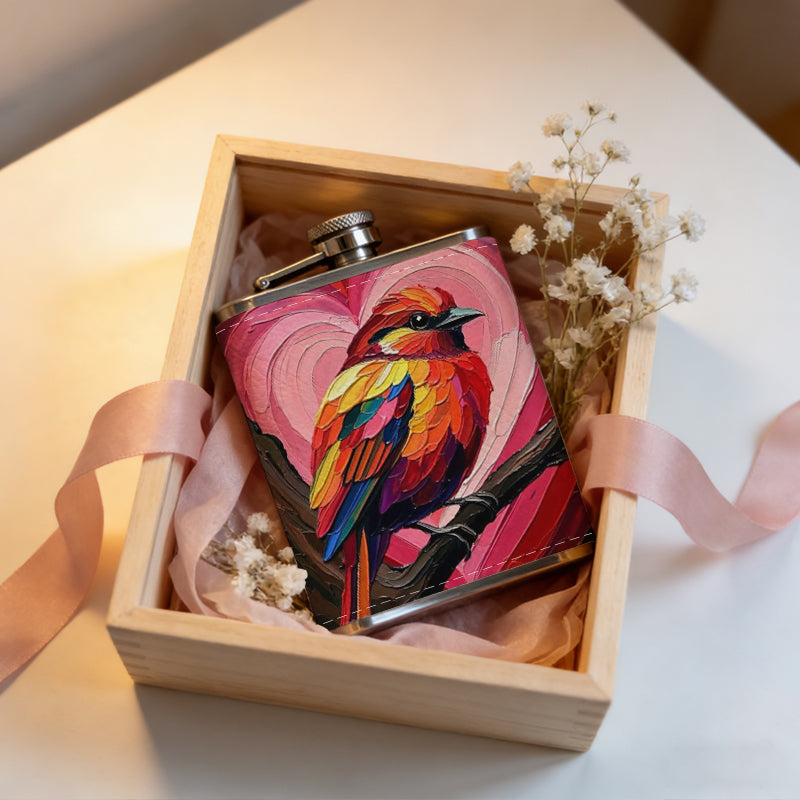 Painting of colorful bird and pink hearts 8oz Stainless Steel Flask - Perfect Pocket Whiskey Holder for Men, Ideal Christian Gift for Friends, Colleagues & Brothers