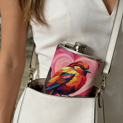Painting of colorful bird and pink hearts 8oz Stainless Steel Flask - Perfect Pocket Whiskey Holder for Men, Ideal Christian Gift for Friends, Colleagues & Brothers