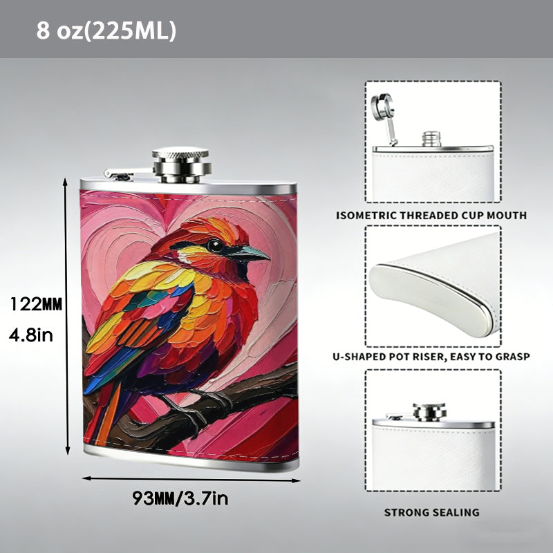 Painting of colorful bird and pink hearts 8oz Stainless Steel Flask - Perfect Pocket Whiskey Holder for Men, Ideal Christian Gift for Friends, Colleagues & Brothers