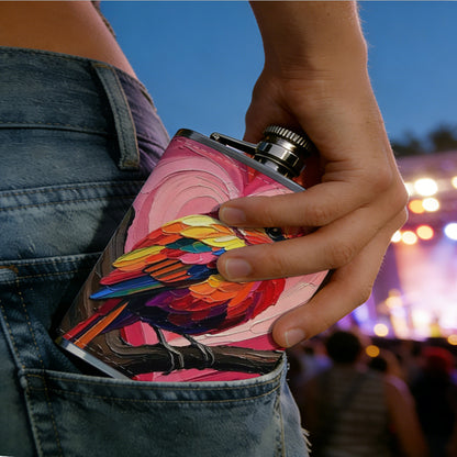 Painting of colorful bird and pink hearts 8oz Stainless Steel Flask - Perfect Pocket Whiskey Holder for Men, Ideal Christian Gift for Friends, Colleagues & Brothers