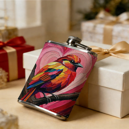 Painting of colorful bird and pink hearts 8oz Stainless Steel Flask - Perfect Pocket Whiskey Holder for Men, Ideal Christian Gift for Friends, Colleagues & Brothers