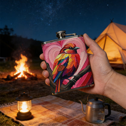 Painting of colorful bird and pink hearts 8oz Stainless Steel Flask - Perfect Pocket Whiskey Holder for Men, Ideal Christian Gift for Friends, Colleagues & Brothers