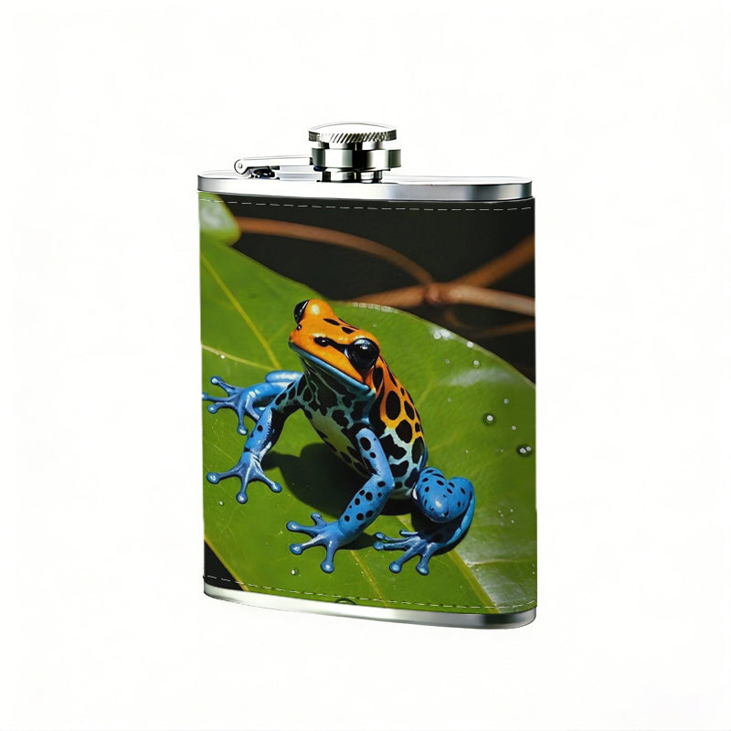 A colorful frog on green leaf 8oz Stainless Steel Flask - Perfect Pocket Whiskey Holder for Men, Ideal Christian Gift for Friends, Colleagues & Brothers