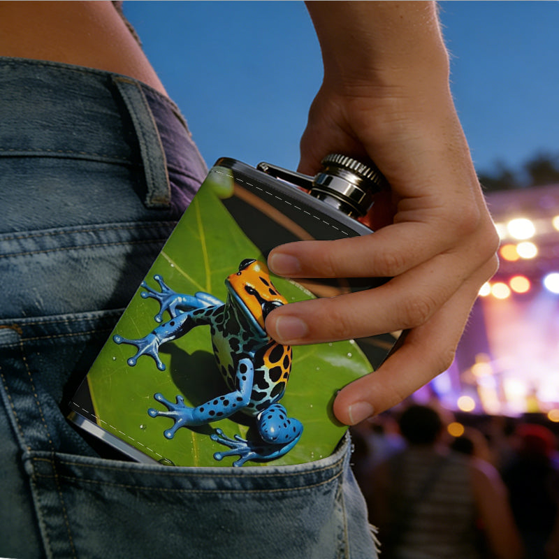 A colorful frog on green leaf 8oz Stainless Steel Flask - Perfect Pocket Whiskey Holder for Men, Ideal Christian Gift for Friends, Colleagues & Brothers