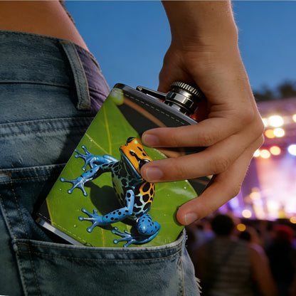 A colorful frog on green leaf 8oz Stainless Steel Flask - Perfect Pocket Whiskey Holder for Men, Ideal Christian Gift for Friends, Colleagues & Brothers