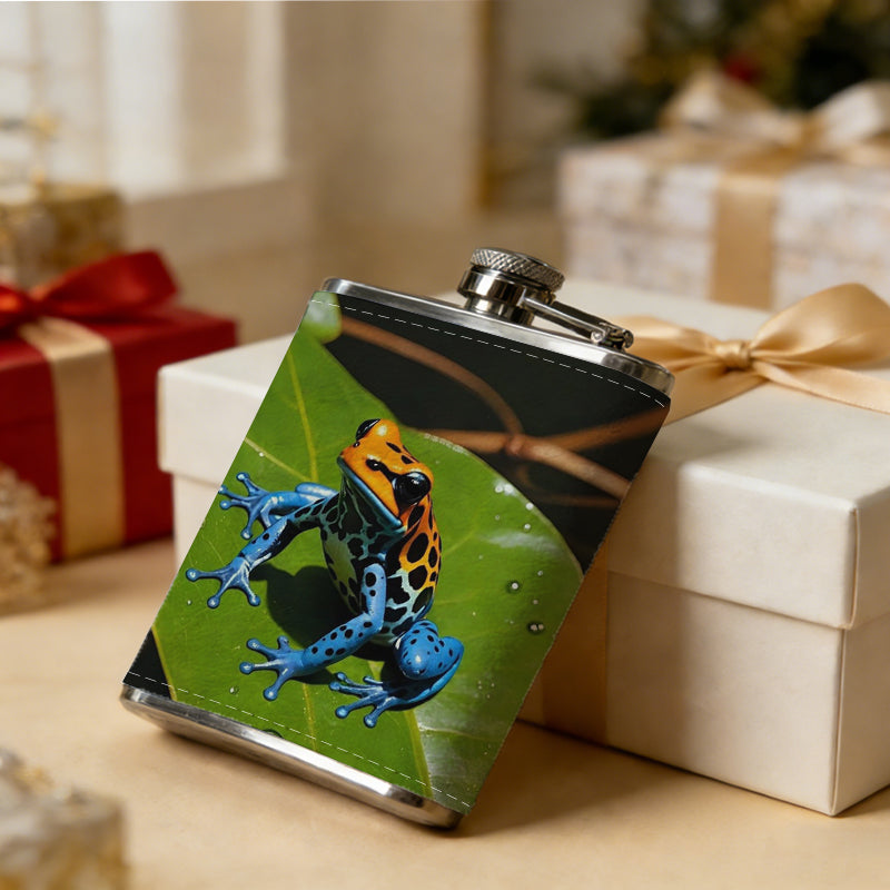 A colorful frog on green leaf 8oz Stainless Steel Flask - Perfect Pocket Whiskey Holder for Men, Ideal Christian Gift for Friends, Colleagues & Brothers
