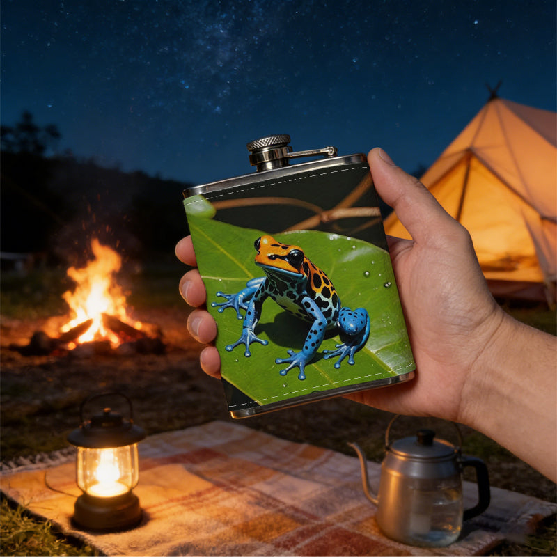 A colorful frog on green leaf 8oz Stainless Steel Flask - Perfect Pocket Whiskey Holder for Men, Ideal Christian Gift for Friends, Colleagues & Brothers