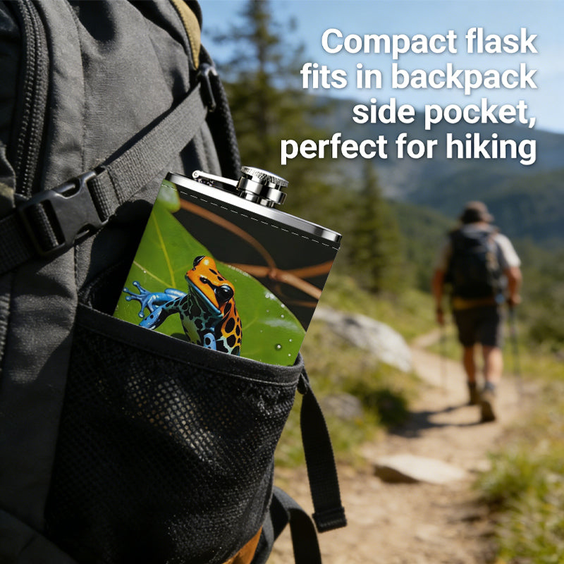 A colorful frog on green leaf 8oz Stainless Steel Flask - Perfect Pocket Whiskey Holder for Men, Ideal Christian Gift for Friends, Colleagues & Brothers